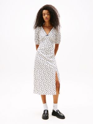 multi bird print wrap midi dress for women tommy jeans