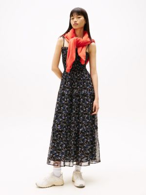 zwart chiffon maxi-wikkeljurk met bloemenprint voor dames - tommy jeans