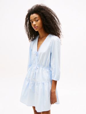 blue relaxed poplin tiered mini dress for women tommy jeans