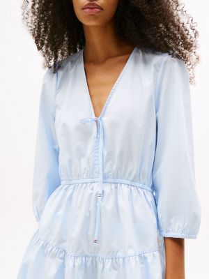 blue relaxed poplin tiered mini dress for women tommy jeans