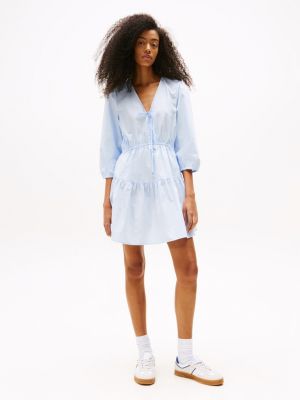 blue relaxed poplin tiered mini dress for women tommy jeans