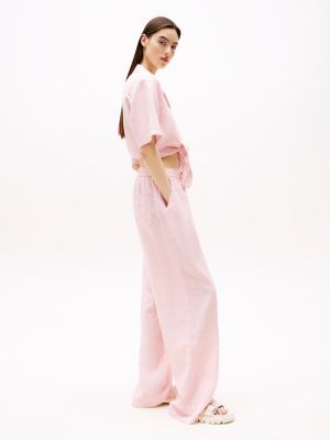 pink wide leg trousers with linen for women tommy jeans