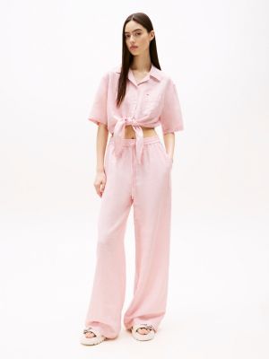 pink wide leg trousers with linen for women tommy jeans