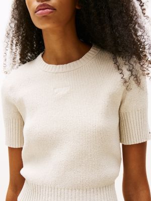 beige rib-knit short sleeve jumper for women tommy jeans