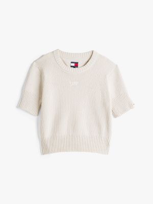 beige rib-knit short sleeve jumper for women tommy jeans