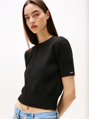 schwarz kurzarm-pullover aus rippstrick für damen - tommy jeans