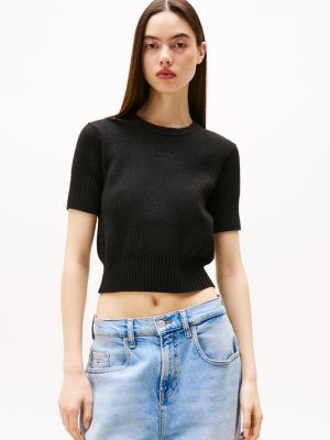 pullover a maniche corte in maglia a coste black da donne tommy jeans