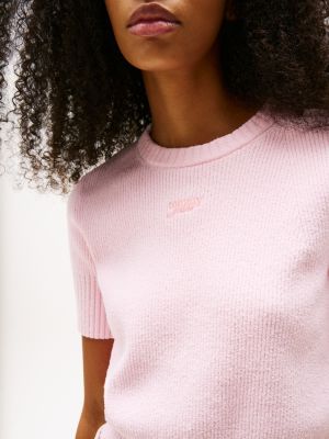 pink rib-knit short sleeve jumper for women tommy jeans