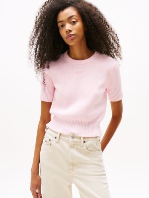 pink rib-knit short sleeve jumper for women tommy jeans