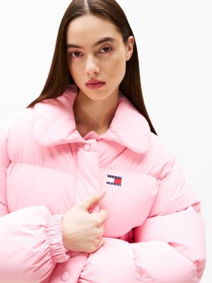 pink tommy badge down puffer jacket for women tommy jeans