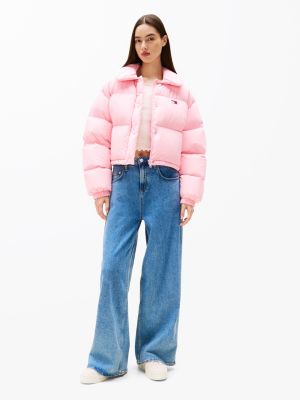 pink tommy badge down puffer jacket for women tommy jeans