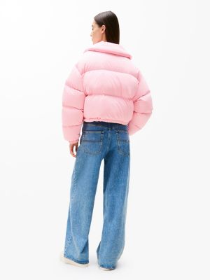 pink tommy badge down puffer jacket for women tommy jeans