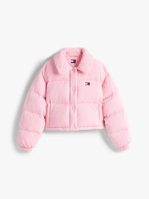 pink tommy badge down puffer jacket for women tommy jeans