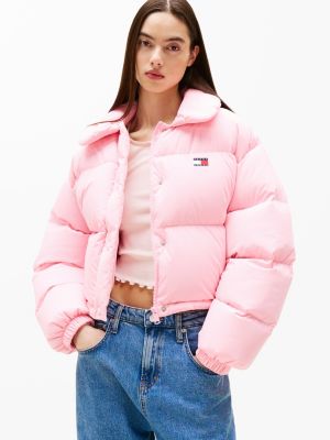 pink tommy badge down puffer jacket for women tommy jeans