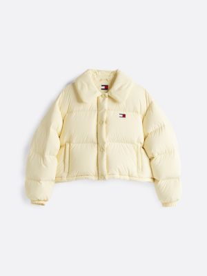 yellow tommy badge down puffer jacket for women tommy jeans