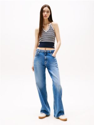 multi breton stripe slim knit halterneck top for women tommy jeans