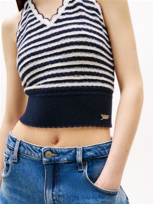 multi breton stripe slim knit halterneck top for women tommy jeans