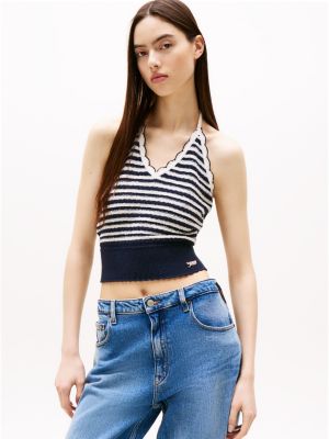 multi breton stripe slim knit halterneck top for women tommy jeans