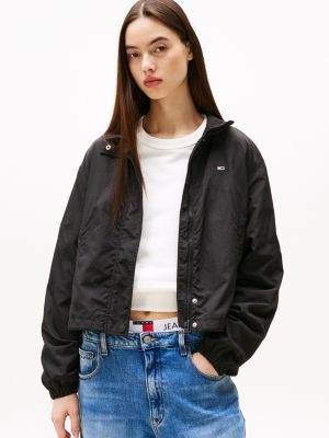 black wasserabweisende jacke mit logo-kragen für damen - tommy jeans