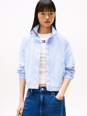 blue wasserabweisende jacke mit logo-kragen für damen - tommy jeans