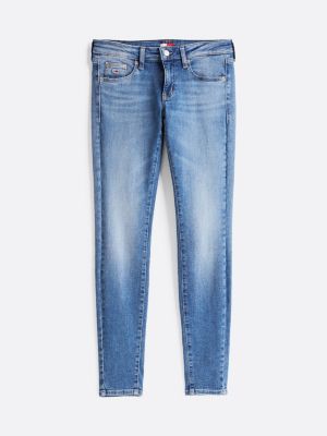 jeans sophie skinny fit a vita bassa con scoloriture blu da donne tommy jeans