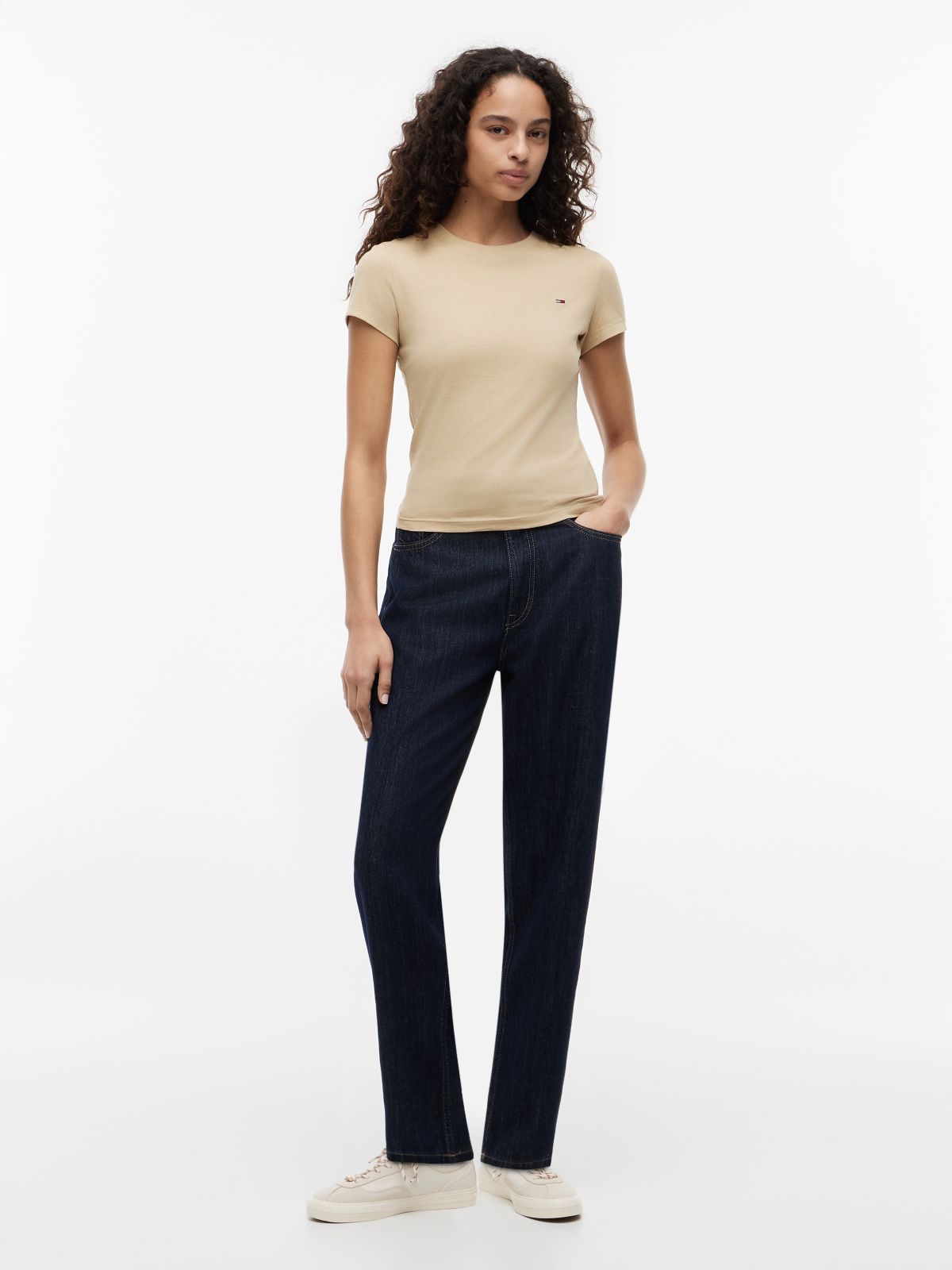 Flag Embroidery Slim Crew Neck T-Shirt — Beige