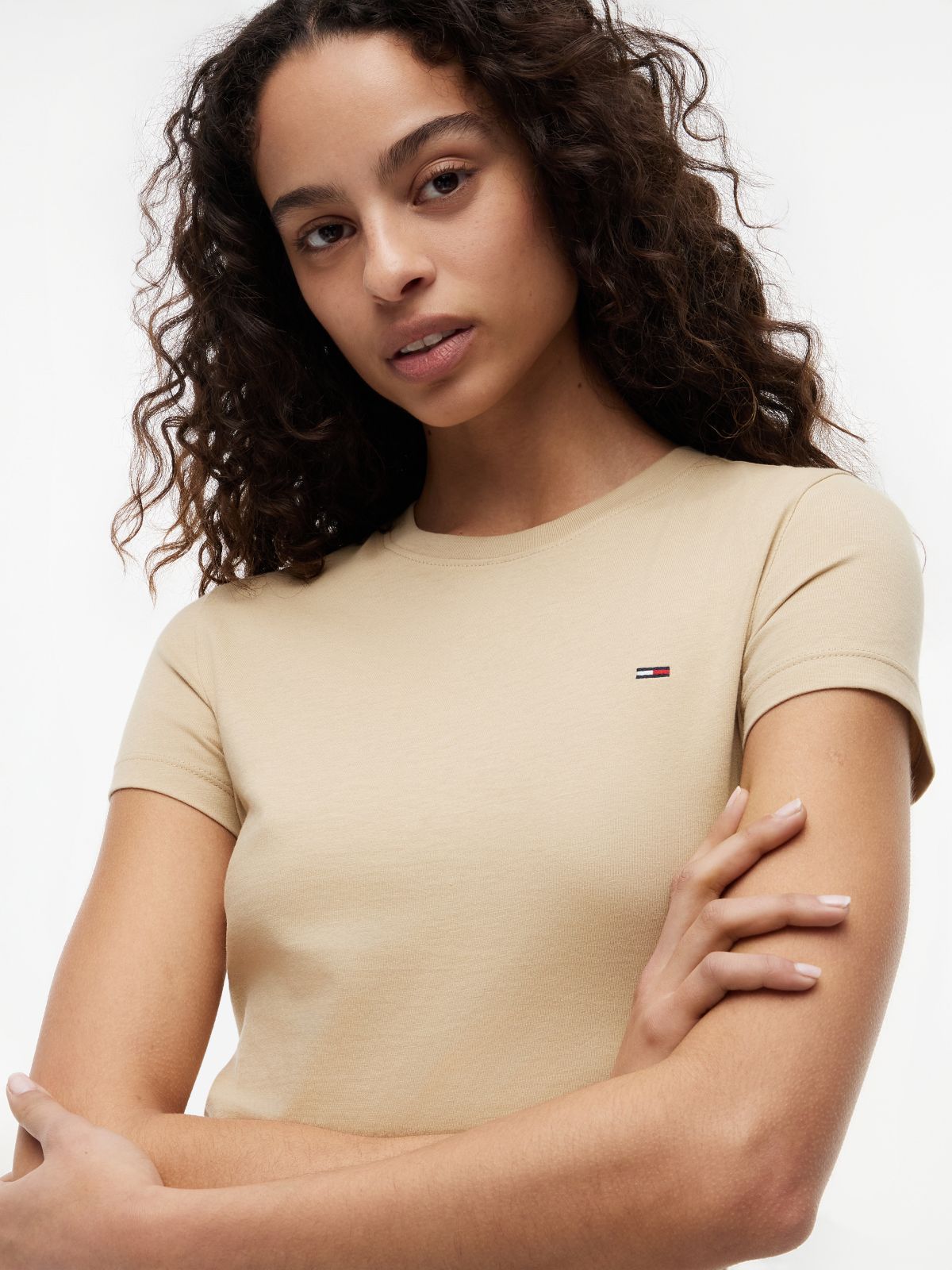 Flag Embroidery Slim Crew Neck T-Shirt — Beige