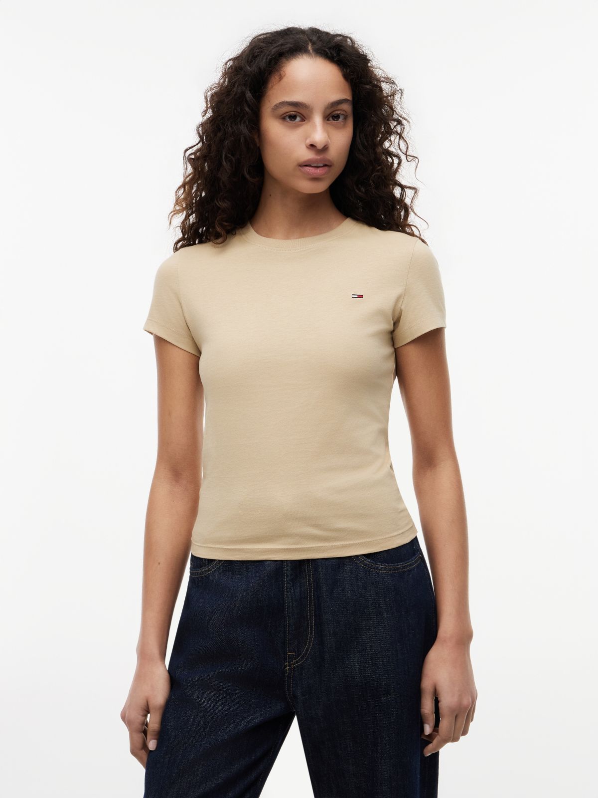 Flag Embroidery Slim Crew Neck T-Shirt — Beige