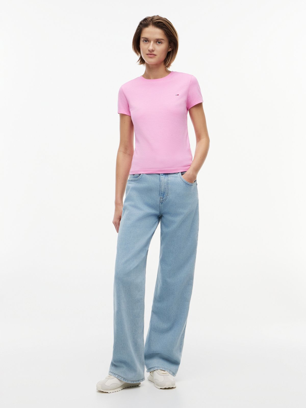 Flag Embroidery Slim Crew Neck T-Shirt — Pink