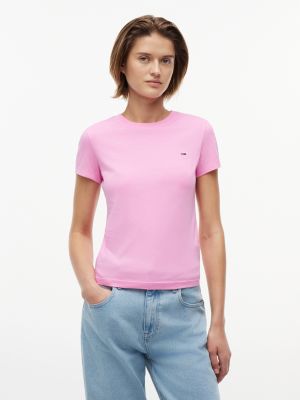 pink flag embroidery slim crew neck t-shirt for women tommy jeans