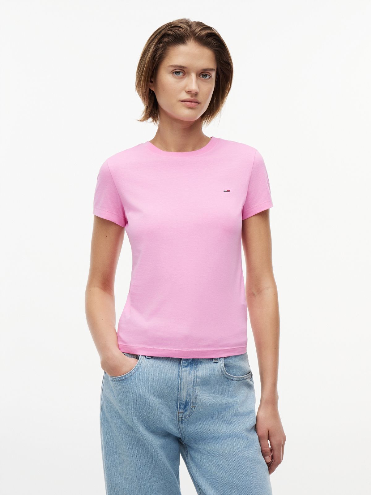 Flag Embroidery Slim Crew Neck T-Shirt — Pink
