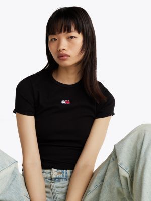 black tommy badge ribbed slim t-shirt for women tommy jeans