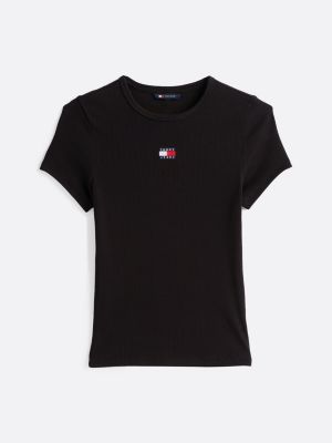 schwarz tommy badge geripptes slim fit t-shirt für damen - tommy jeans