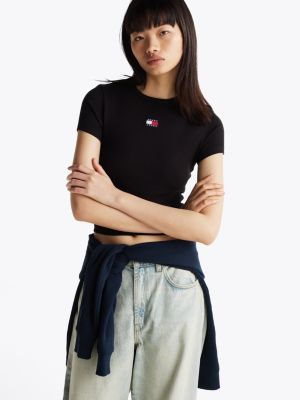 black tommy badge ribbed slim t-shirt for women tommy jeans