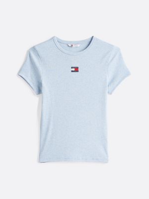 niebieski prążkowany t-shirt z naszywką tommy dla kobiety - tommy jeans