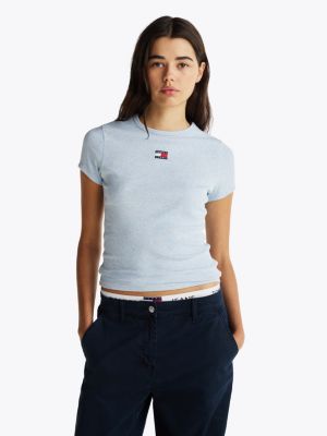 niebieski prążkowany t-shirt z naszywką tommy dla kobiety - tommy jeans