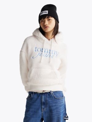 sweat à capuche duveteux à logo white pour femmes tommy jeans