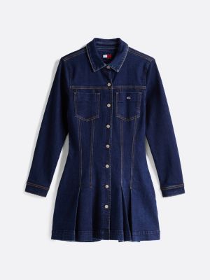 robe chemise courte en denim plissée bleu pour femmes tommy jeans