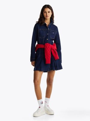 blue pleated denim mini shirt dress for women tommy jeans