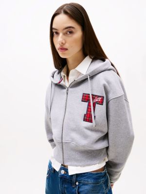 grey logo cropped zip-thru sweatshirt for women tommy jeans