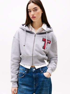 grey logo cropped zip-thru sweatshirt for women tommy jeans