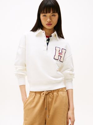 white bluza z kołnierzykiem polo i aplikacją z logo dla kobiety - tommy jeans