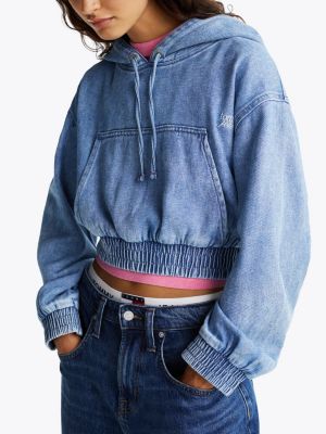 blau cropped fit jeans-hoodie für damen - tommy jeans