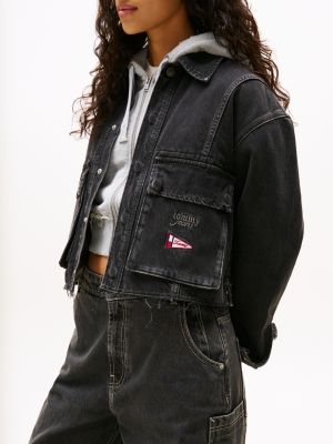 veste courte en denim à ourlet effiloché gris pour femmes tommy jeans