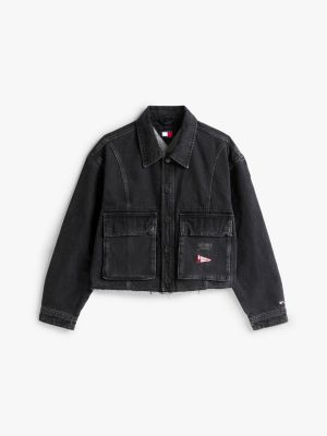 veste courte en denim à ourlet effiloché gris pour femmes tommy jeans