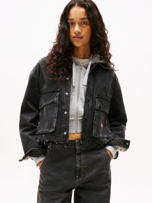 grey raw hem cropped denim jacket for women tommy jeans