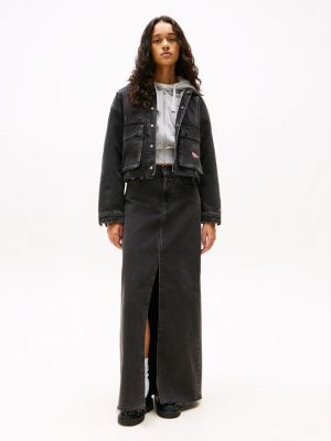 black raw hem denim maxi skirt for women tommy jeans