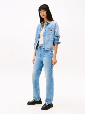 blauw denim jack met contrasterende kraag en embleem voor dames - tommy jeans