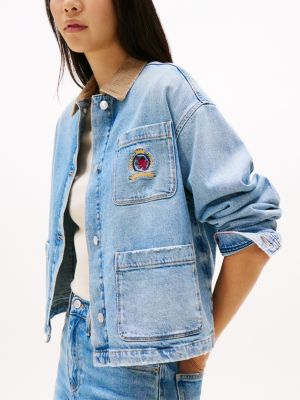 blauw denim jack met contrasterende kraag en embleem voor dames - tommy jeans