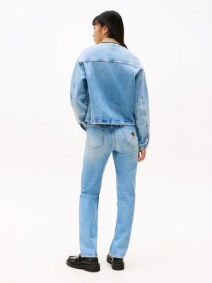 blau jeansjacke mit kontrast-kragen und wappen für damen - tommy jeans